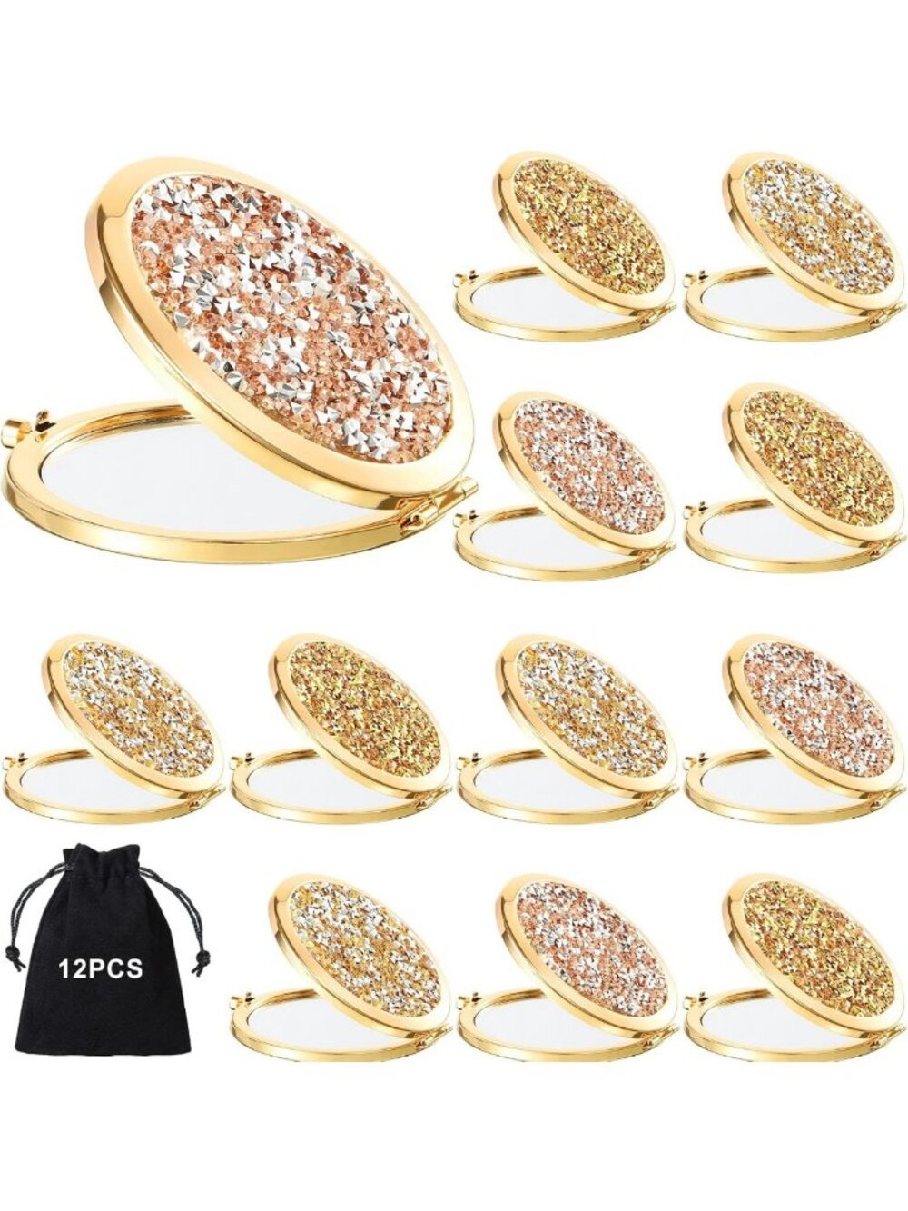 12 Pcs Compact Folding Pocket Mirrors - Round Handheld Makeup Magnifying Mirrors